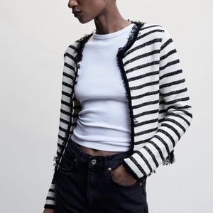 MANGO Frayed Striped Cardigan - B&W Stripped - Medium